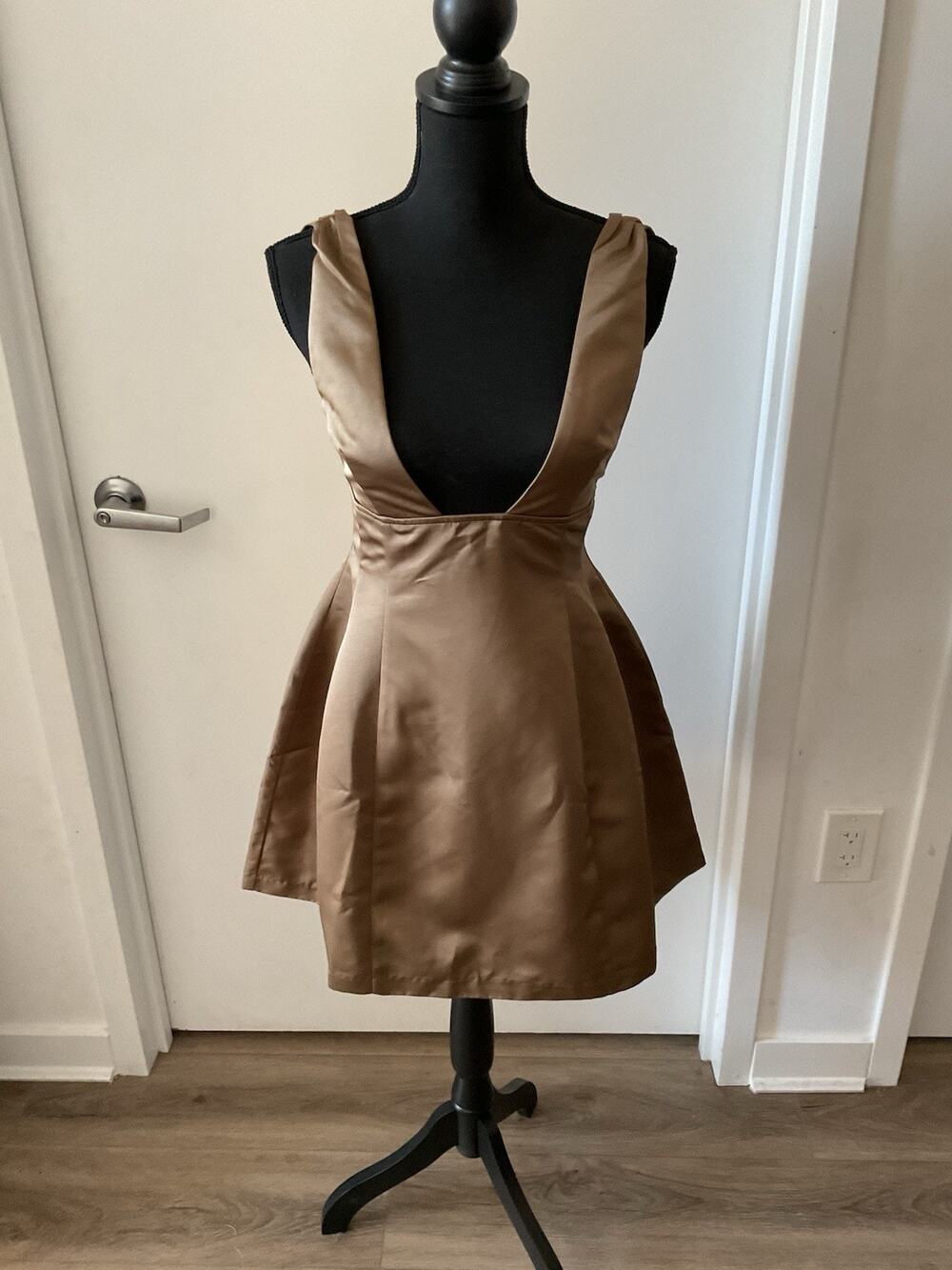 Weworewhat Duchess Satin Plunging V- Neck Mini Bronze Brown Fit & Flare